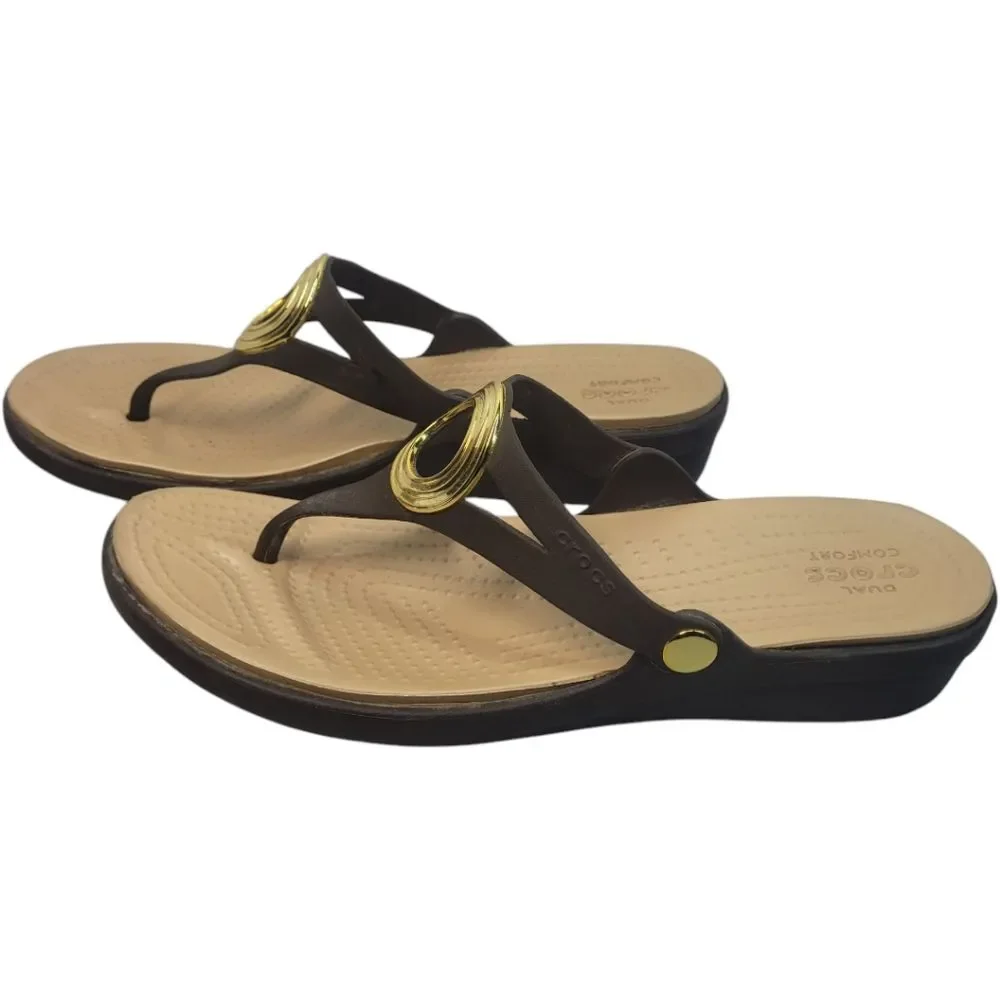 Crocs Sanrah Brown Thong Flip Flop Wedge Sandals Shoes Women's 11